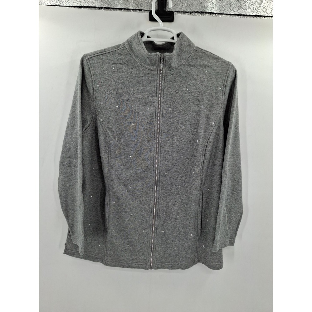 Quacker Factory Gray Oversized‎ Full Zip Sweatshirt Rhinestones 1X